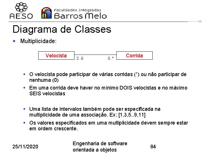 Diagrama de Classes w Multiplicidade: Velocista 2. . 6 0. . * Corrida w