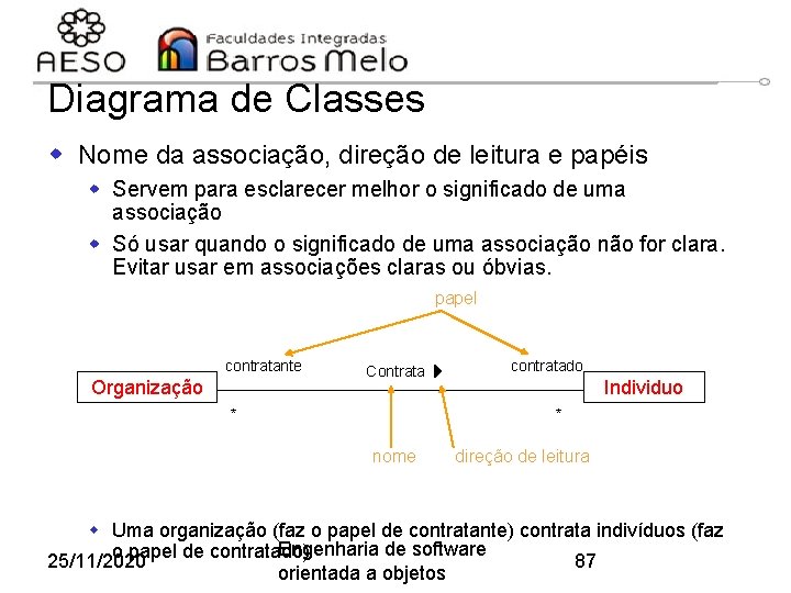 Diagrama de Classes w Nome da associação, direção de leitura e papéis w Servem