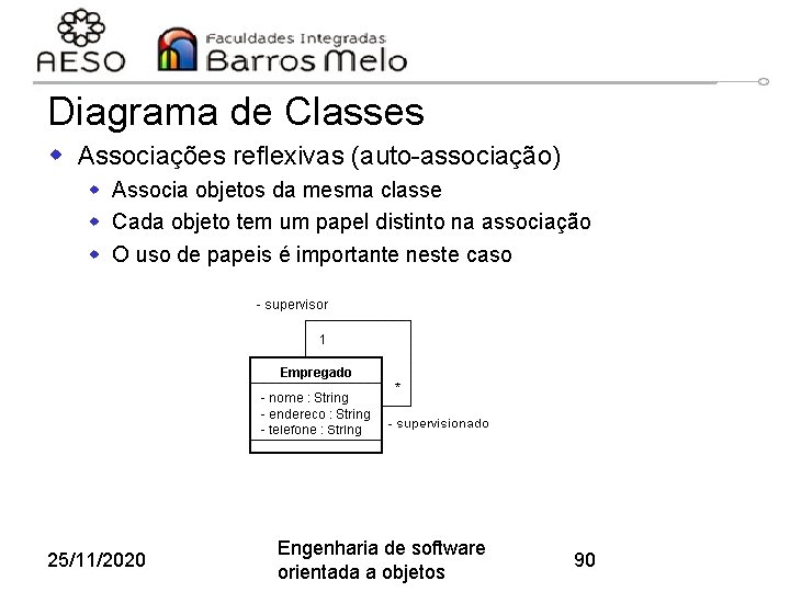 Diagrama de Classes w Associações reflexivas (auto-associação) w Associa objetos da mesma classe w