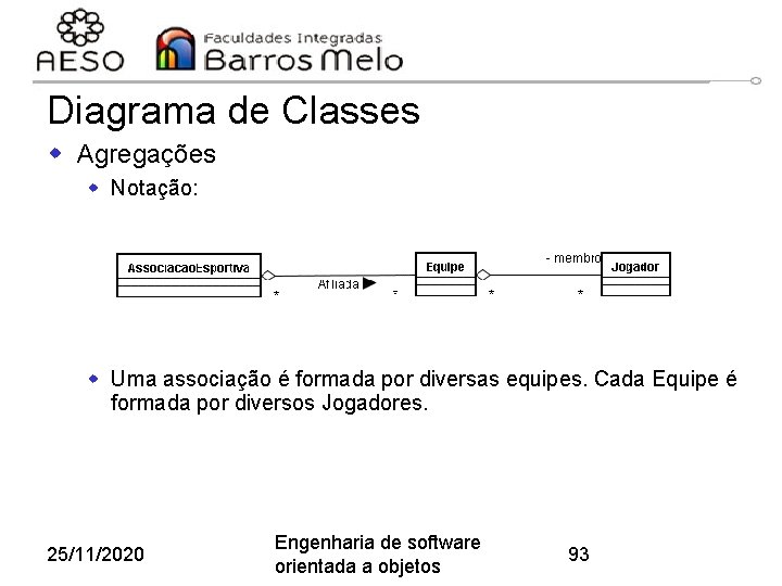 Diagrama de Classes w Agregações w Notação: w Uma associação é formada por diversas