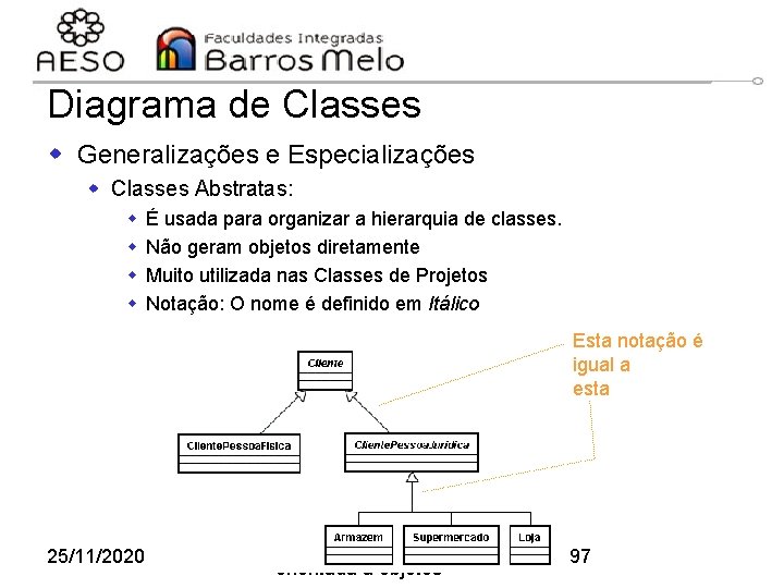 Diagrama de Classes w Generalizações e Especializações w Classes Abstratas: w w É usada