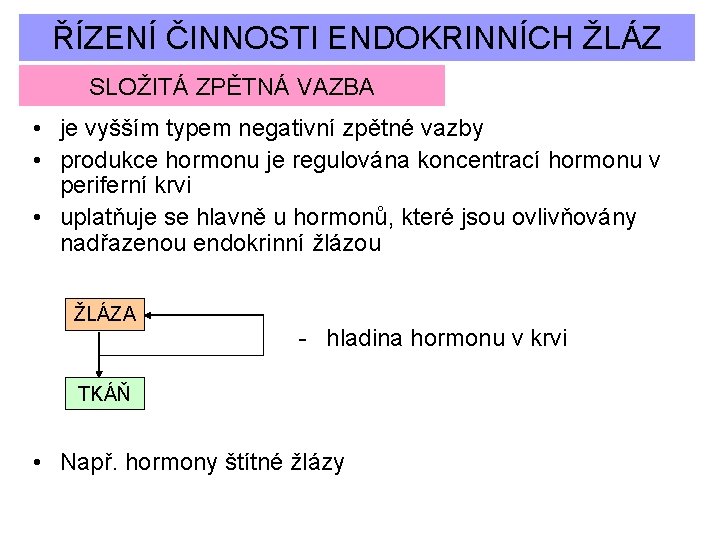 ŘÍZENÍ ČINNOSTI ENDOKRINNÍCH ŽLÁZ SLOŽITÁ ZPĚTNÁ VAZBA • je vyšším typem negativní zpětné vazby