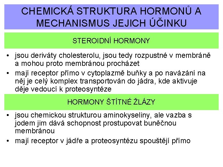 CHEMICKÁ STRUKTURA HORMONŮ A MECHANISMUS JEJICH ÚČINKU STEROIDNÍ HORMONY • jsou deriváty cholesterolu, jsou