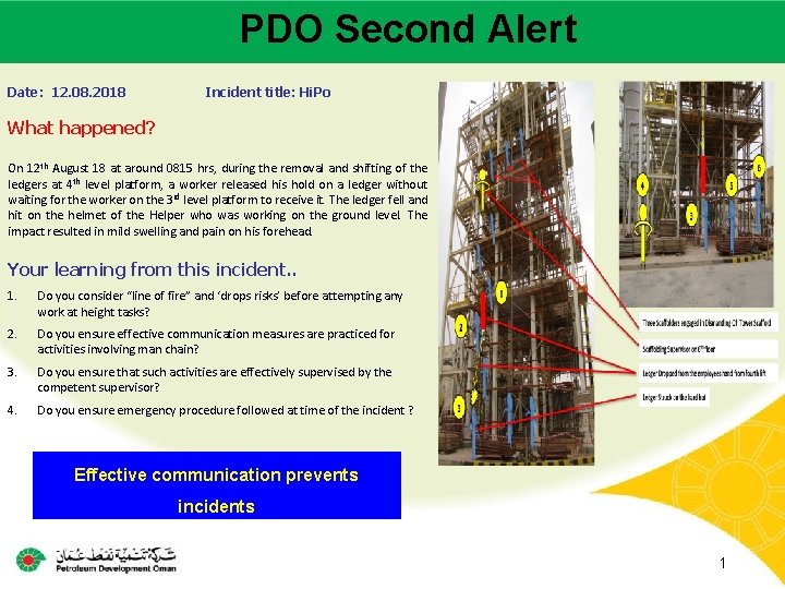 PDO Second Alert Main contractor name – LTI# - Date of incident Date: 12.