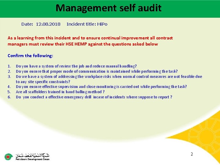 Management self audit Main contractor name – LTI# - Date of incident Date: 12.