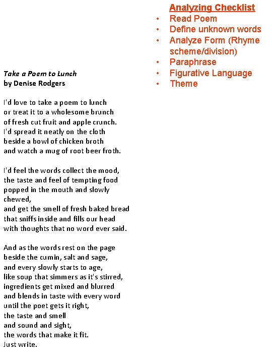  • • • Take a Poem to Lunch by Denise Rodgers I'd love