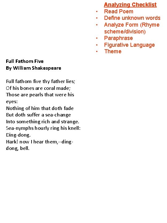  • • • Full Fathom Five By William Shakespeare Full fathom five thy