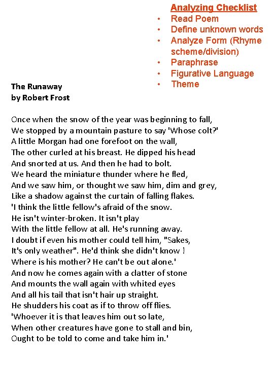  • • • The Runaway by Robert Frost • • • Analyzing Checklist