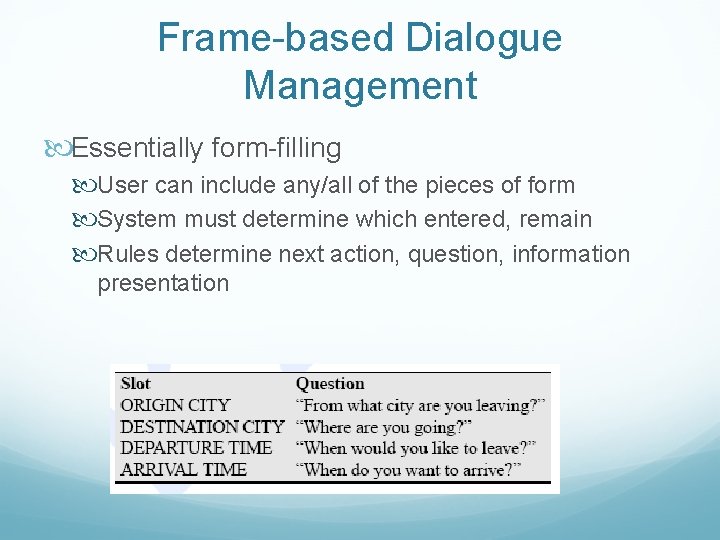 Frame-based Dialogue Management Essentially form-filling User can include any/all of the pieces of form