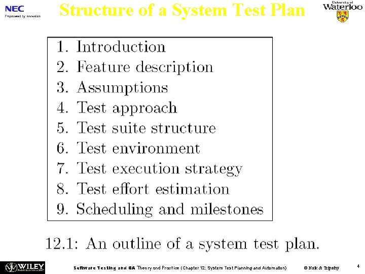 Structure of a System Test Plan Software Testing and QA Theory and Practice (Chapter