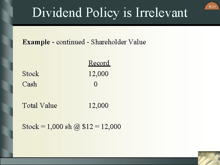 Dividend Policy is Irrelevant Example - continued - Shareholder Value Stock Cash Record 12,