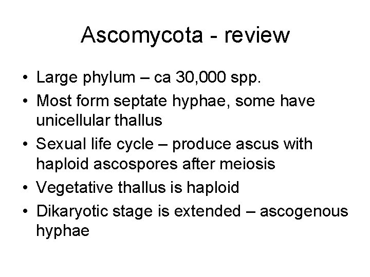 Ascomycota - review • Large phylum – ca 30, 000 spp. • Most form