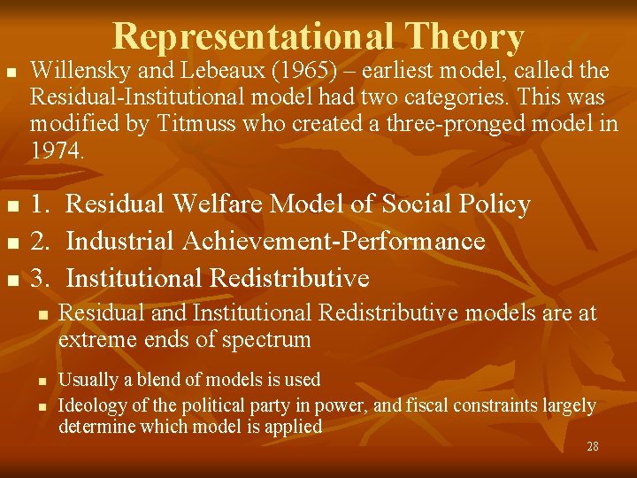 Representational Theory n n Willensky and Lebeaux (1965) – earliest model, called the Residual-Institutional