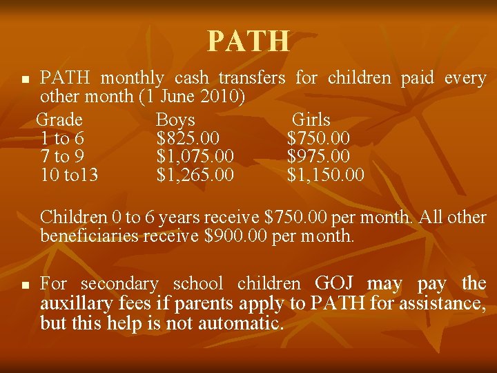 PATH monthly cash transfers for children paid every other month (1 June 2010) Grade