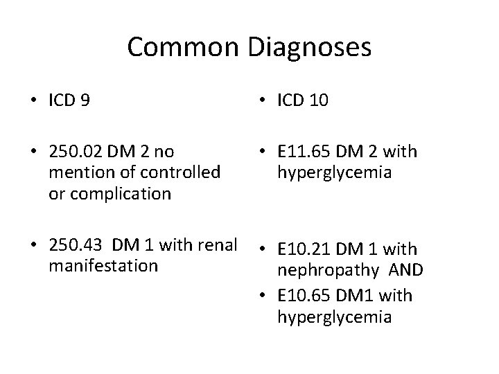 Common Diagnoses • ICD 9 • ICD 10 • 250. 02 DM 2 no