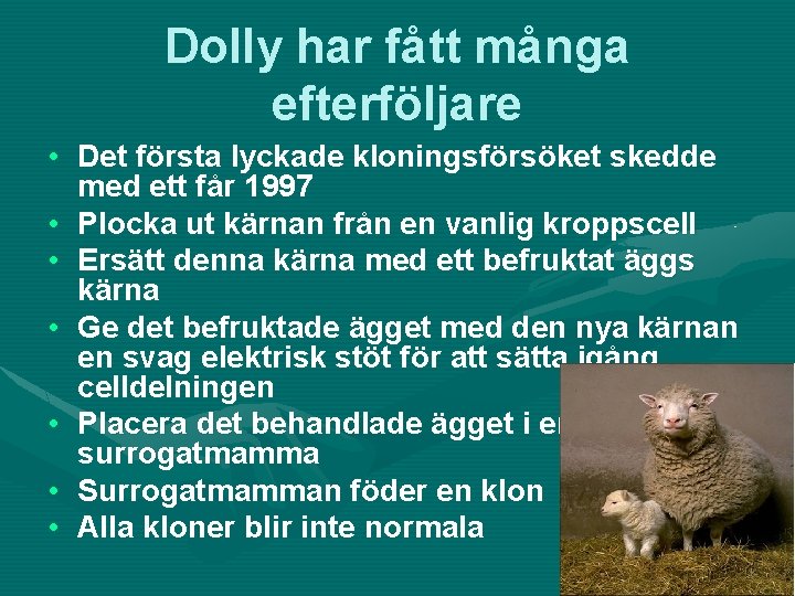 Dolly har fått många efterföljare • Det första lyckade kloningsförsöket skedde med ett får