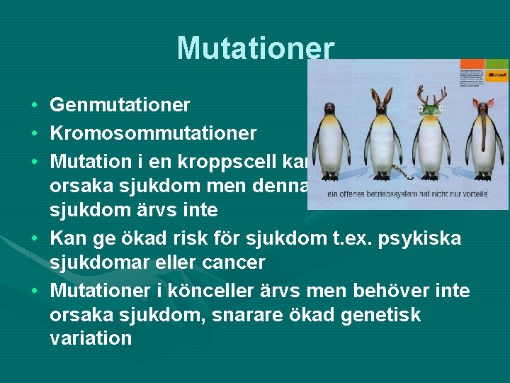 Mutationer • Genmutationer • Kromosommutationer • Mutation i en kroppscell kan orsaka sjukdom men