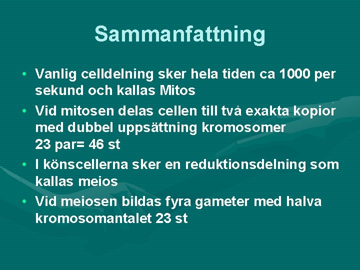 Sammanfattning • Vanlig celldelning sker hela tiden ca 1000 per sekund och kallas Mitos