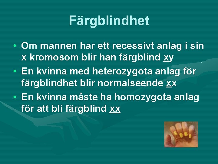 Färgblindhet • Om mannen har ett recessivt anlag i sin x kromosom blir han