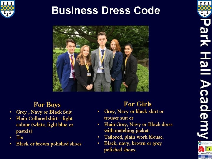 Business Dress Code For Boys • Grey , Navy or Black Suit • Plain