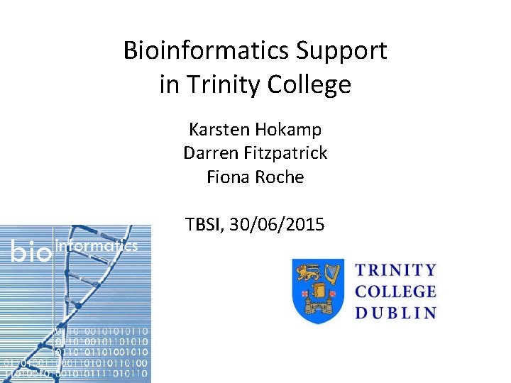 Bioinformatics Support in Trinity College Karsten Hokamp Darren Fitzpatrick Fiona Roche TBSI, 30/06/2015 
