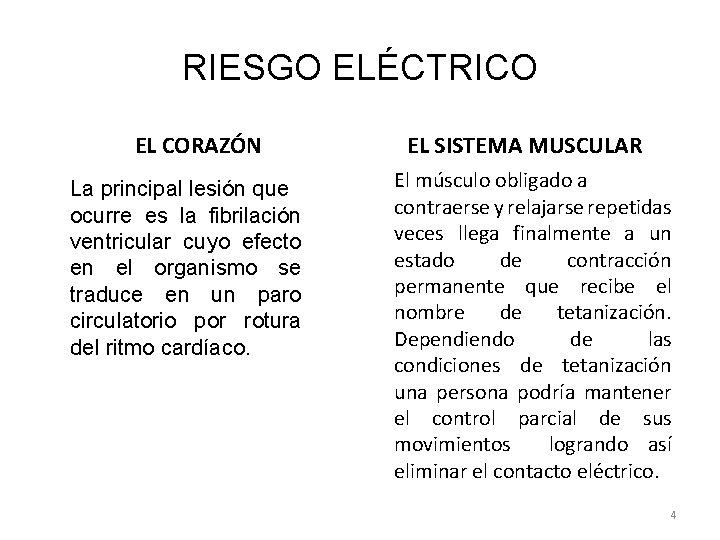 RIESGO ELÉCTRICO EL CORAZÓN La principal lesión que ocurre es la fibrilación ventricular cuyo