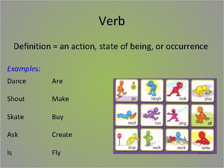 Verb Definition = an action, state of being, or occurrence Examples: Dance Are Shout