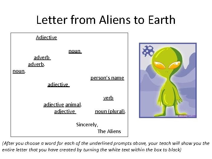 Letter from Aliens to Earth Greetings Adjective citizens of Earth, We are sending you