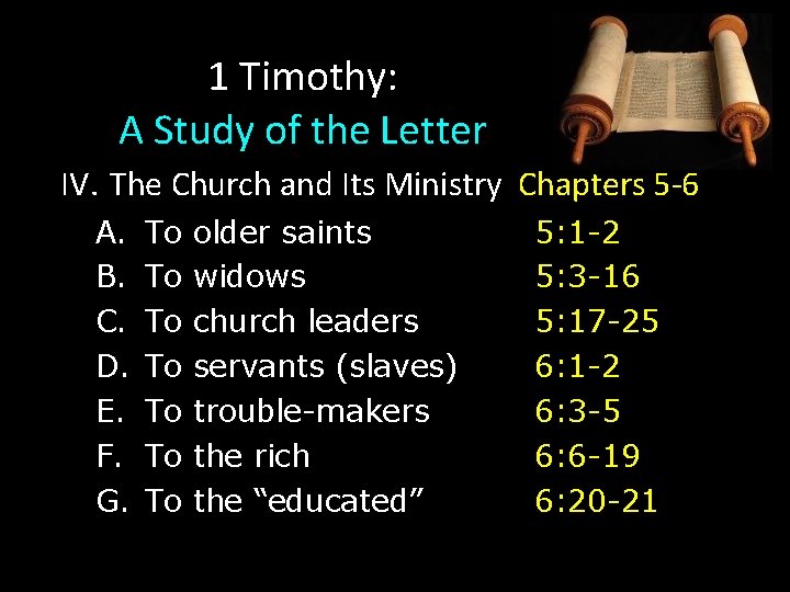 1 Timothy: A Study of the Letter IV. The Church and Its Ministry Chapters 1 Timothy: A Study of the Letter IV. The Church and Its Ministry Chapters