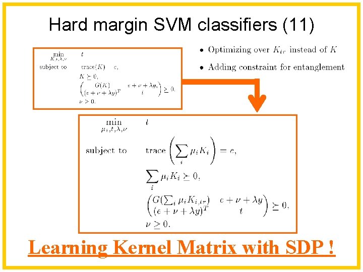Hard margin SVM classifiers (11) Learning Kernel Matrix with SDP ! 