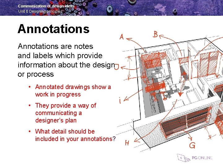 Communication of design ideas Unit 6 Designing principles Annotations are notes and labels which