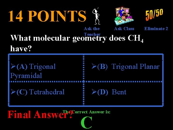 14 POINTS Ask the Teacher Ask Class Eliminate 2 What molecular geometry does CH