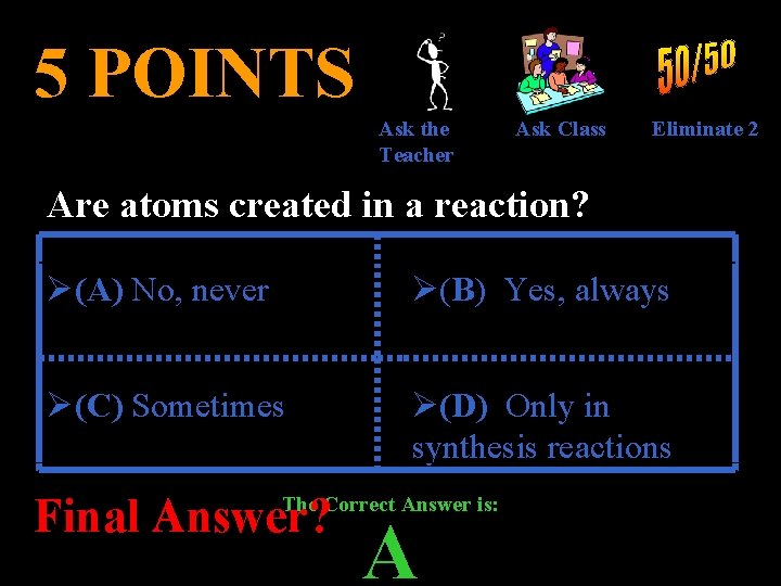 5 POINTS Ask the Teacher Ask Class Eliminate 2 Are atoms created in a