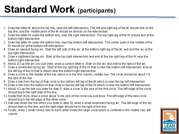 Standard Work (participants) 1. Draw the letter M above the top line, near the