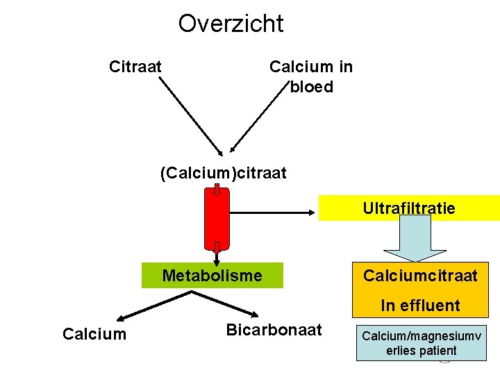 Overzicht Citraat Calcium in bloed (Calcium)citraat Ultrafiltratie Metabolisme Calciumcitraat In effluent Calcium Bicarbonaat Calcium/magnesiumv