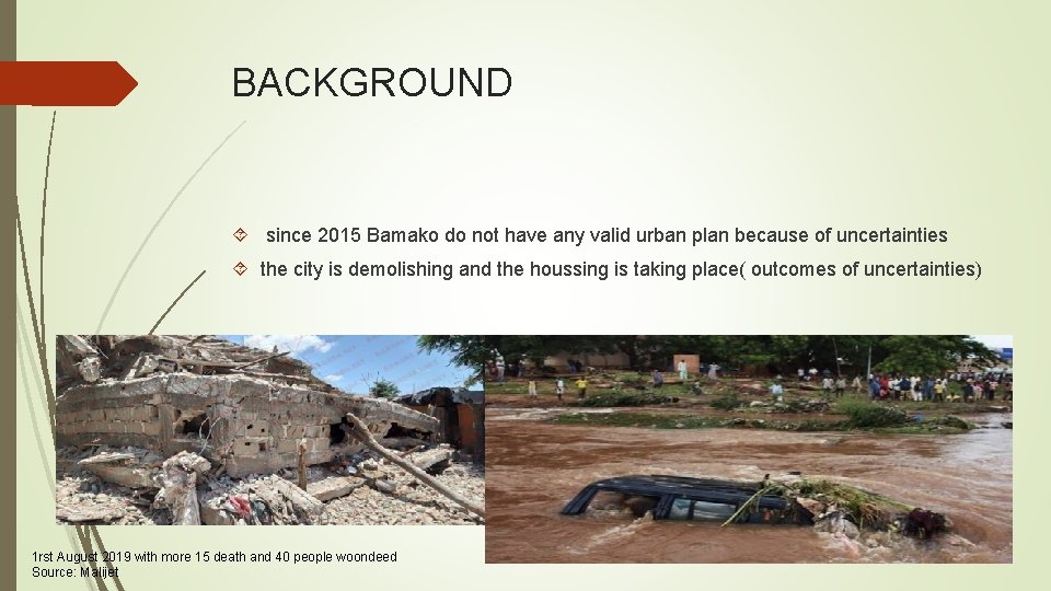 BACKGROUND since 2015 Bamako do not have any valid urban plan because of uncertainties BACKGROUND since 2015 Bamako do not have any valid urban plan because of uncertainties