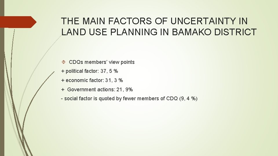 THE MAIN FACTORS OF UNCERTAINTY IN LAND USE PLANNING IN BAMAKO DISTRICT CDQs members’