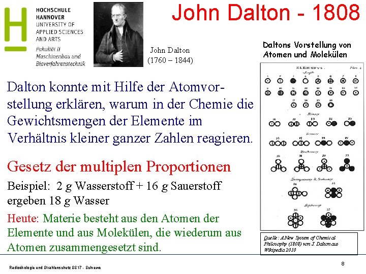 John Dalton - 1808 John Dalton (1760 – 1844) Daltons Vorstellung von Atomen und