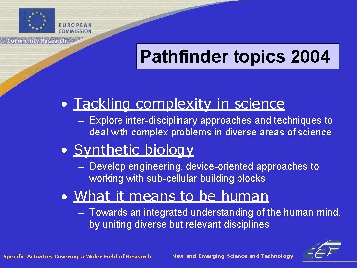 Pathfinder topics 2004 • Tackling complexity in science – Explore inter-disciplinary approaches and techniques