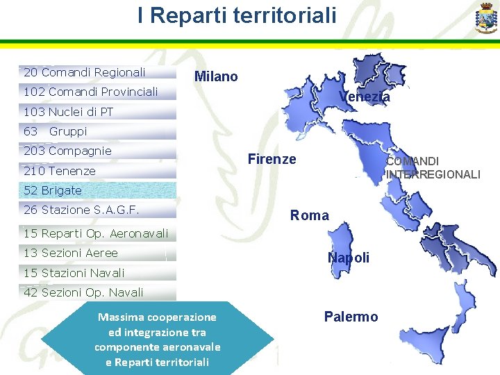 I Reparti territoriali 20 Comandi Regionali Milano 102 Comandi Provinciali Venezia 103 Nuclei di