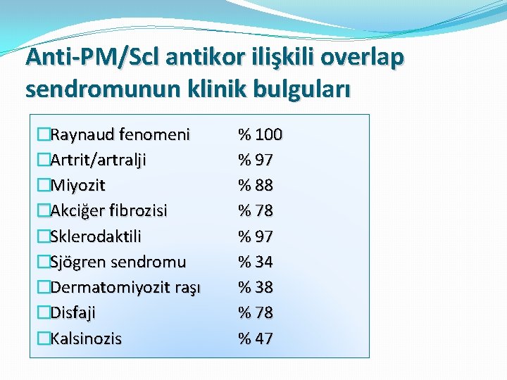 Anti-PM/Scl antikor ilişkili overlap sendromunun klinik bulguları �Raynaud fenomeni �Artrit/artralji �Miyozit �Akciğer fibrozisi �Sklerodaktili