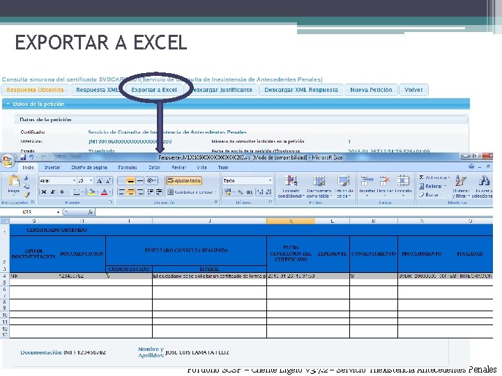 EXPORTAR A EXCEL Portfolio SCSP – Cliente Ligero v 3. 7. 2 – Servicio