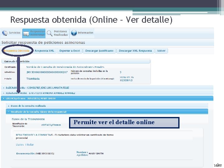 Respuesta obtenida (Online – Ver detalle) Transmisiones de respuesta Permite ver el detalle online