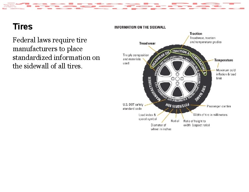 Tires Federal laws require tire manufacturers to place standardized information on the sidewall of