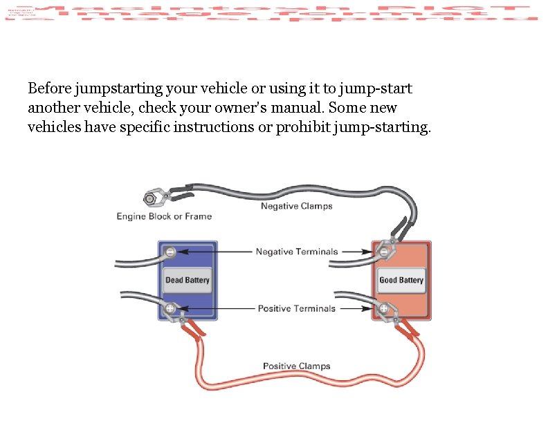 Before jumpstarting your vehicle or using it to jump-start another vehicle, check your owner’s