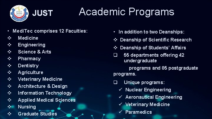 JUST Academic Programs • Medi. Tec comprises 12 Faculties: • In addition to two