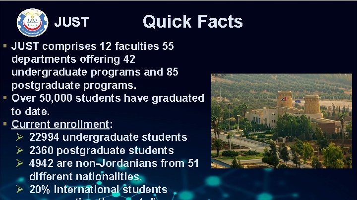 JUST Quick Facts § JUST comprises 12 faculties 55 departments offering 42 undergraduate programs