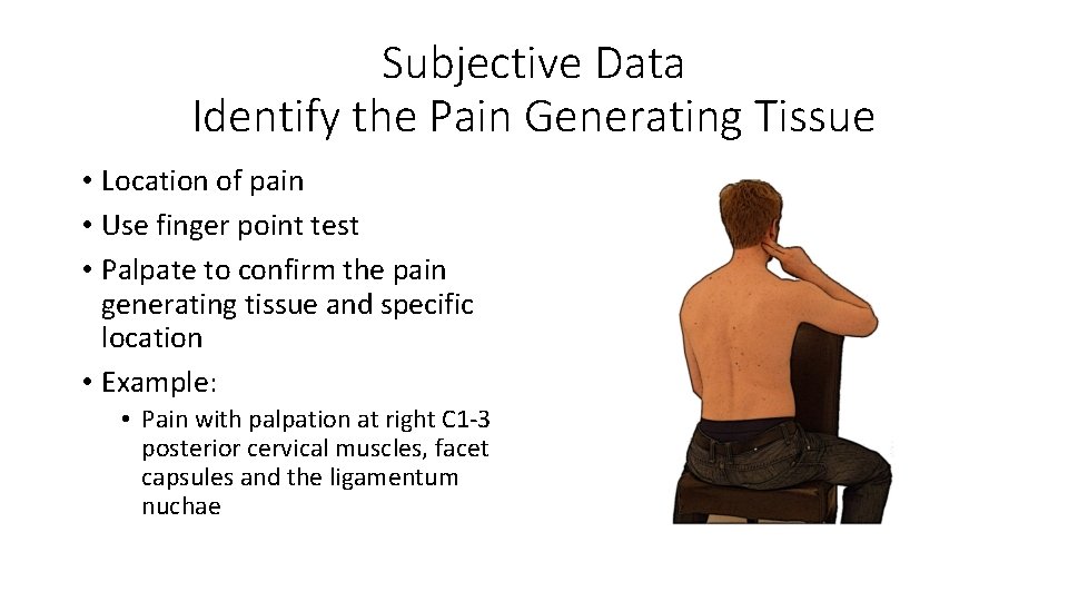 Subjective Data Identify the Pain Generating Tissue • Location of pain • Use finger