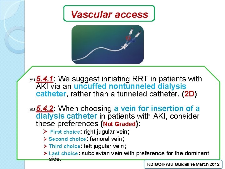 Vascular access 5. 4. 1: 5. 4. 1 We suggest initiating RRT in patients