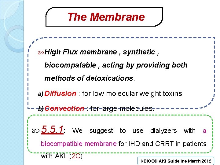  The Membrane High Flux membrane , synthetic , biocompatable , acting by providing